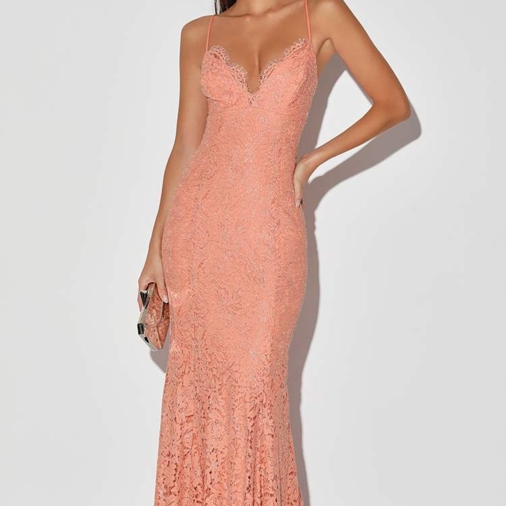 Lulus Ask Me to Dance Coral Pink Lace Mermaid Maxi Dress Sz SMALL never Wornk9